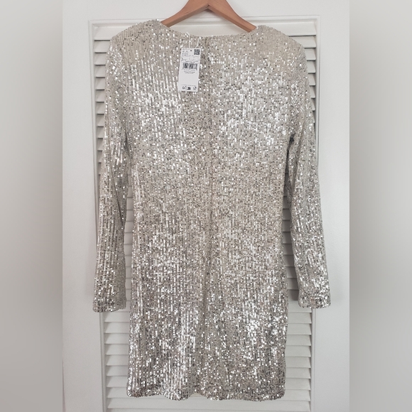 Mango Champagne Sequin Shoulder Pad Mini Dress Women Size 8 NWT Cocktail - Picture 5 of 7